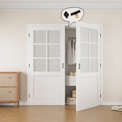 Jujubon 6-Lite Frosted Glass White Solid Core Finished Glass French Door Panels with Black Ball Catch, with Ready-to-Assemble Jamb