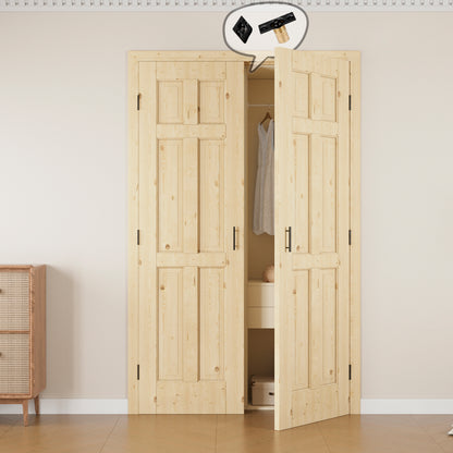 JUJUBON 6-Panel Pine Wood Solid Core Unfinished French Door Panels with Black Ball Catch, with Ready-to-Assemble Jamb