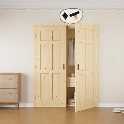 JUJUBON 6-Panel Pine Wood Solid Core Unfinished French Door Panels with Black Ball Catch, with Ready-to-Assemble Jamb