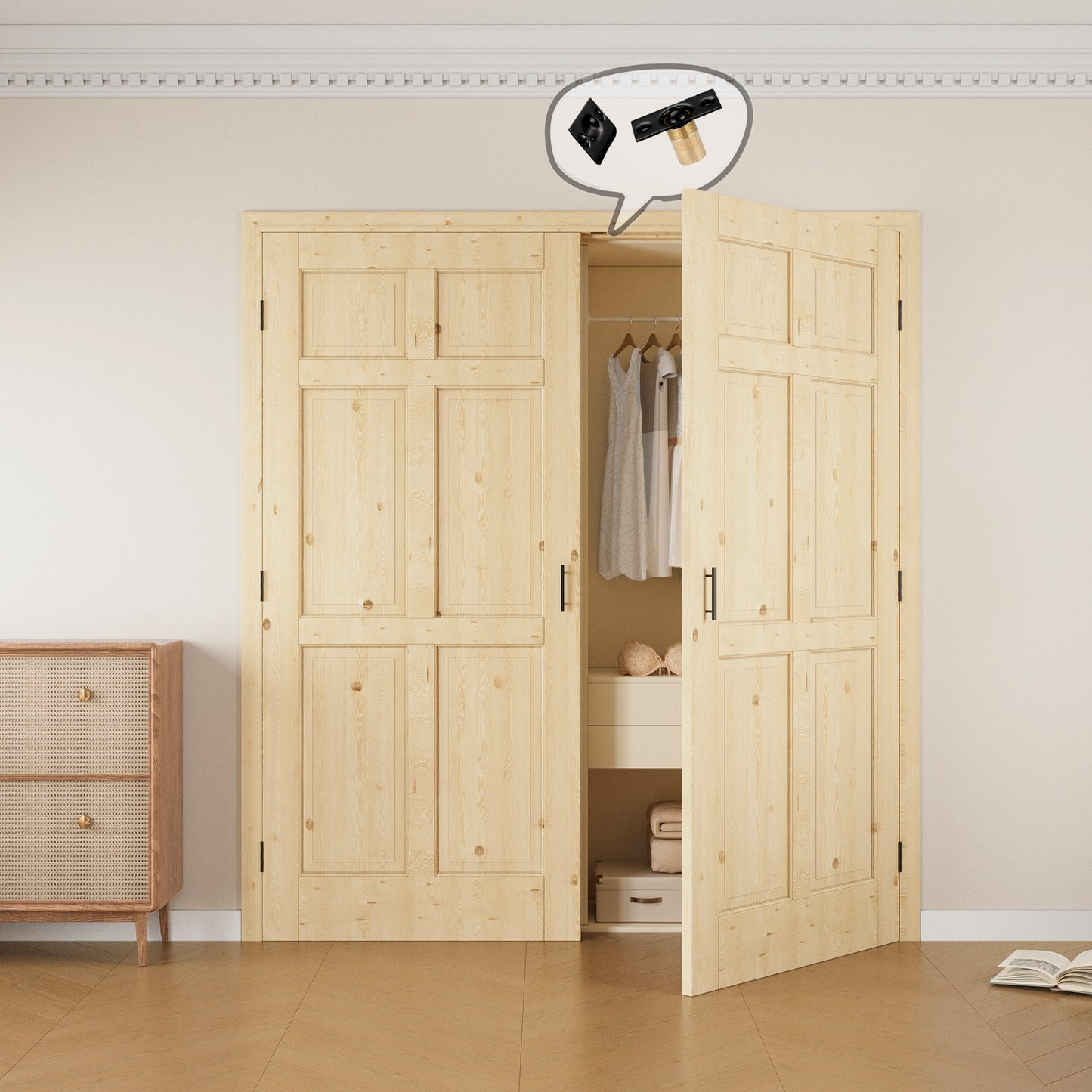 JUJUBON 6-Panel Pine Wood Solid Core Unfinished French Door Panels with Black Ball Catch, with Ready-to-Assemble Jamb
