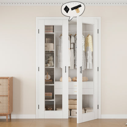 Jujubon 1-Lite Clear Glass White Solid Core Finished Glass French Door Panels with Black Ball Catch, with Ready-to-Assemble Jamb