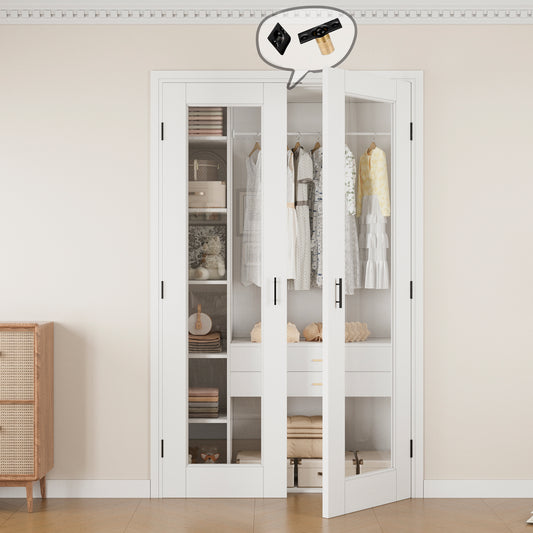 Jujubon 1-Lite Clear Glass White Solid Core Finished Glass French Door Panels with Black Ball Catch, with Ready-to-Assemble Jamb