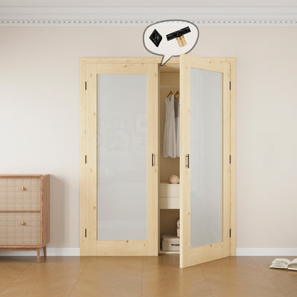 Jujubon 1-Lite Frosted Glass Pine Wood Solid Core Finished Glass French Door Panels with Black Ball Catch, with Ready-to-Assemble Jamb