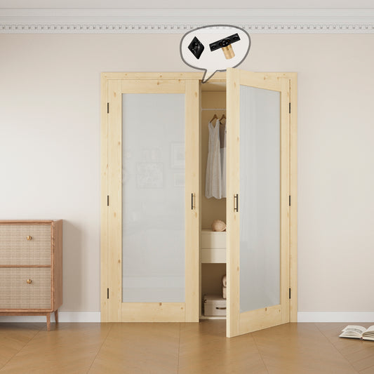 Jujubon 1-Lite Frosted Glass Pine Wood Solid Core Finished Glass French Door Panels with Black Ball Catch, with Ready-to-Assemble Jamb