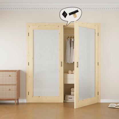 Jujubon 1-Lite Frosted Glass Pine Wood Solid Core Finished Glass French Door Panels with Black Ball Catch, with Ready-to-Assemble Jamb