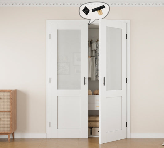 Jujubon Half-Lite Frosted Glass White Solid Core Finished Glass French Door Panels with Black Ball Catch, with Ready-to-Assemble Jamb