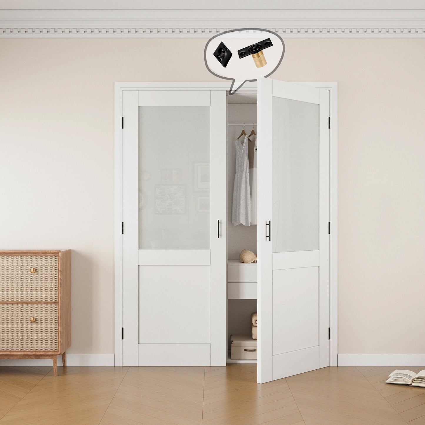 Jujubon Half-Lite Frosted Glass White Solid Core Finished Glass French Door Panels with Black Ball Catch, with Ready-to-Assemble Jamb