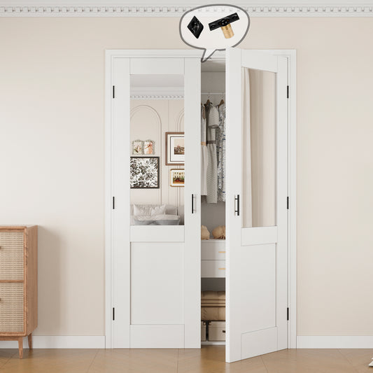 Jujubon Half-Lite Mirror White Solid Core Finished Glass French Door Panels with Black Ball Catch, with Ready-to-Assemble Jamb