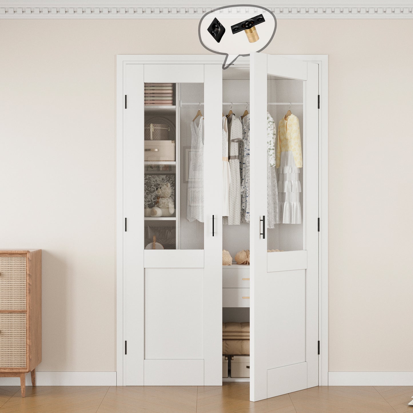 Jujubon Half-Lite Clear Glass White Solid Core Finished Glass French Door Panels with Black Ball Catch, with Ready-to-Assemble Jamb