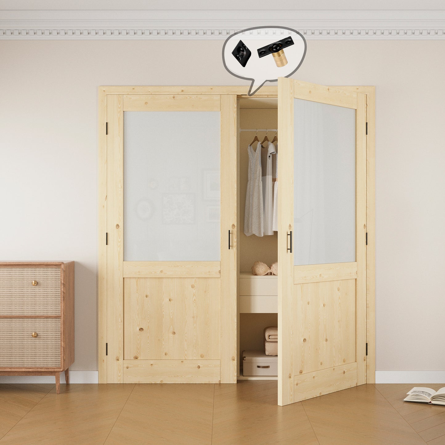 Jujubon Half-Lite Frosted Glass Pine Wood Solid Core Finished Glass French Door Panels with Black Ball Catch, with Ready-to-Assemble Jamb