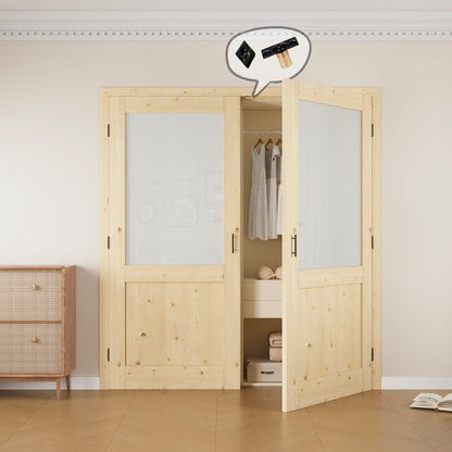 Jujubon Half-Lite Frosted Glass Pine Wood Solid Core Finished Glass French Door Panels with Black Ball Catch, with Ready-to-Assemble Jamb