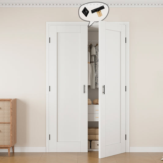 Jujubon 1-Lite Panel White Solid Core Finished Glass French Door Panels with Black Ball Catch, with Ready-to-Assemble Jamb