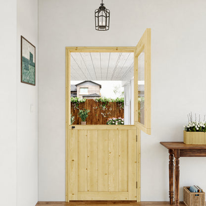 JUJUBON Exterior Dutch Door Slab, Universal Tempered Clear Glass Split Single Doors, Solid Core Home Door, Natural Pine Wood - with 4 Black Hinges & 1 Latch, Without Jamb