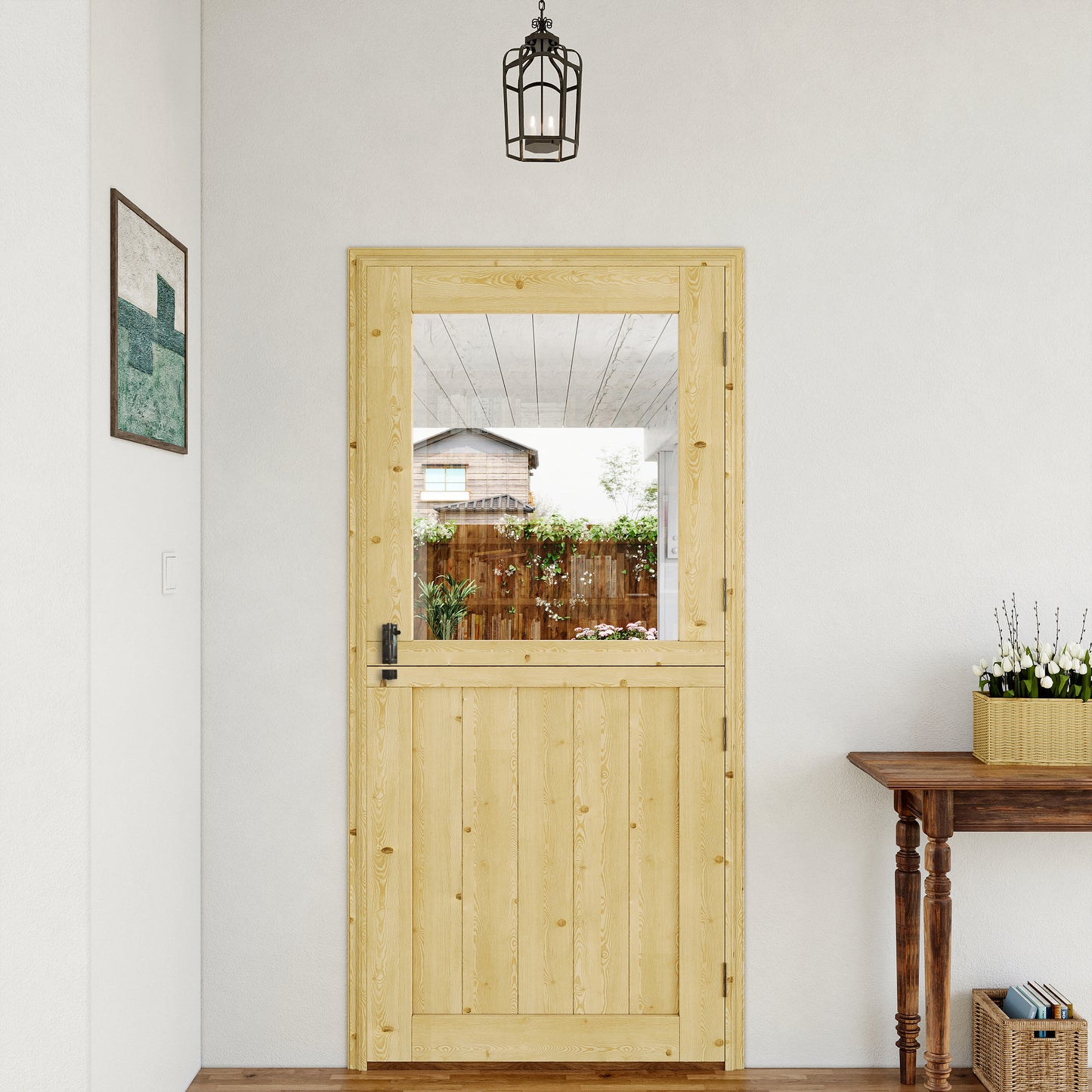JUJUBON Exterior Dutch Door Slab, Universal Tempered Clear Glass Split Single Doors, Solid Core Home Door, Natural Pine Wood - with 4 Black Hinges & 1 Latch, Without Jamb