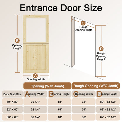 JUJUBON Exterior Dutch Door Slab, Universal Tempered Clear Glass Split Single Doors, Solid Core Home Door, Natural Pine Wood - with 4 Black Hinges & 1 Latch, Without Jamb