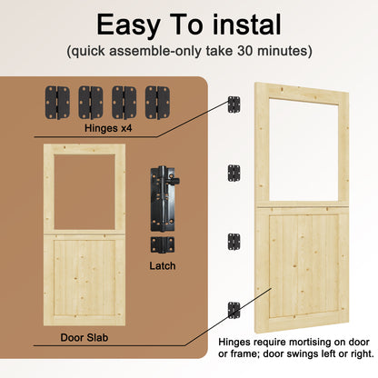 JUJUBON Exterior Dutch Door Slab, Universal Tempered Clear Glass Split Single Doors, Solid Core Home Door, Natural Pine Wood - with 4 Black Hinges & 1 Latch, Without Jamb
