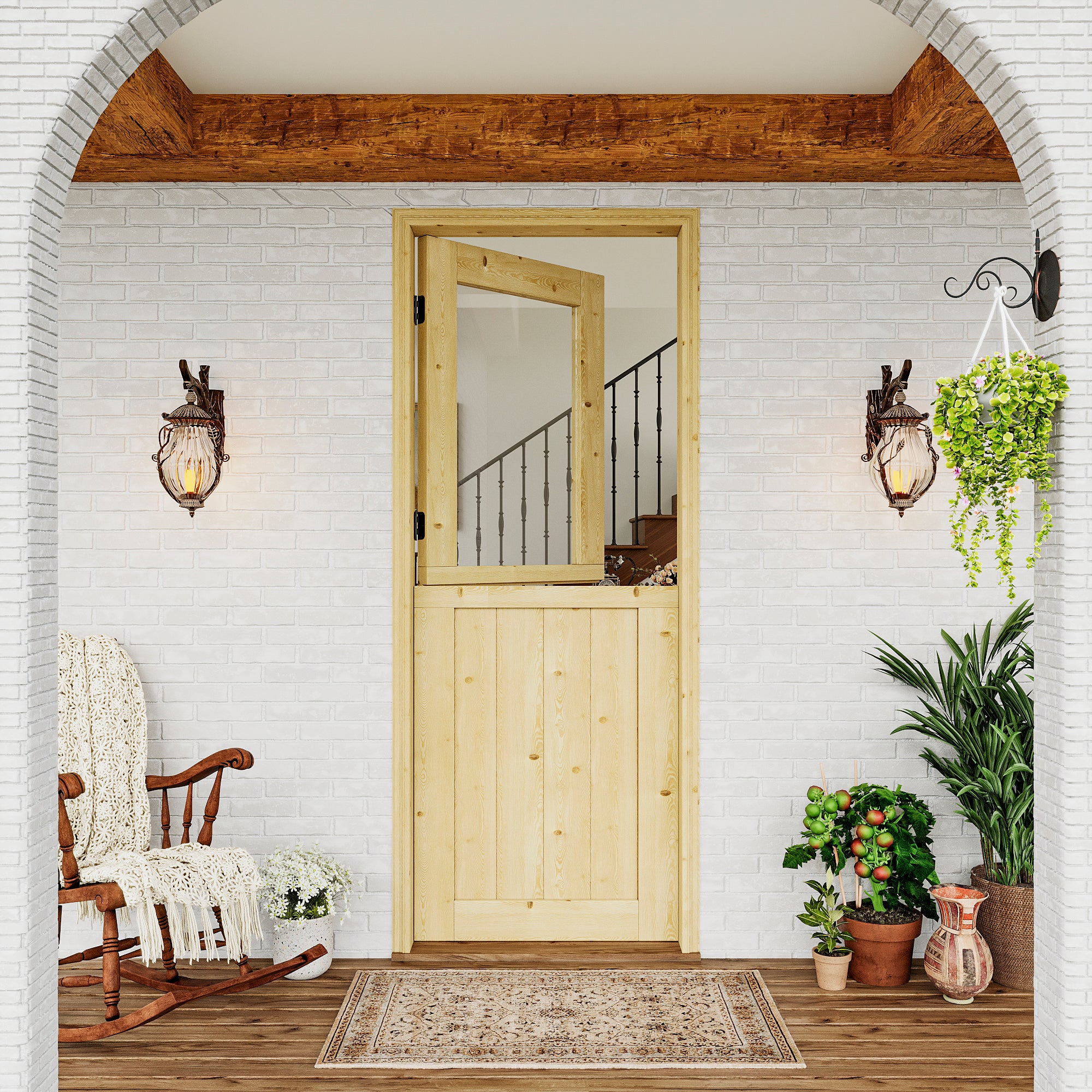 JUJUBON Exterior Dutch Door Slab, Universal Tempered Clear Glass Split Single Doors, Solid Core Home Door, Natural Pine Wood - with 4 Black Hinges & 1 Latch, Without Jamb
