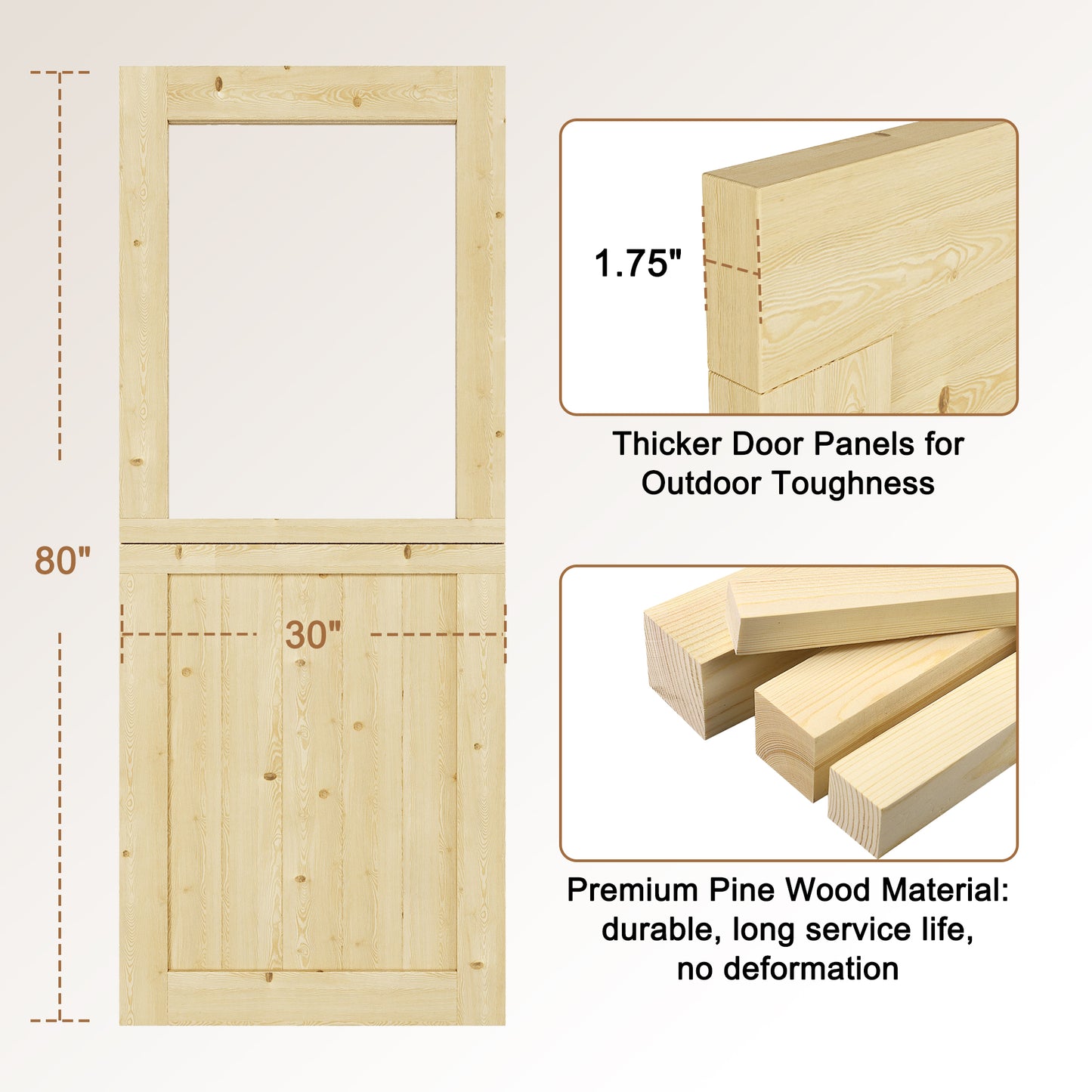 JUJUBON Exterior Dutch Door Slab, Universal Tempered Clear Glass Split Single Doors, Solid Core Home Door, Natural Pine Wood - with 4 Black Hinges & 1 Latch, Without Jamb