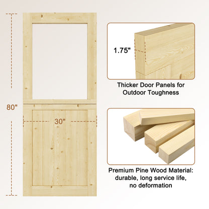 JUJUBON Exterior Dutch Door Slab, Universal Tempered Clear Glass Split Single Doors, Solid Core Home Door, Natural Pine Wood - with 4 Black Hinges & 1 Latch, Without Jamb