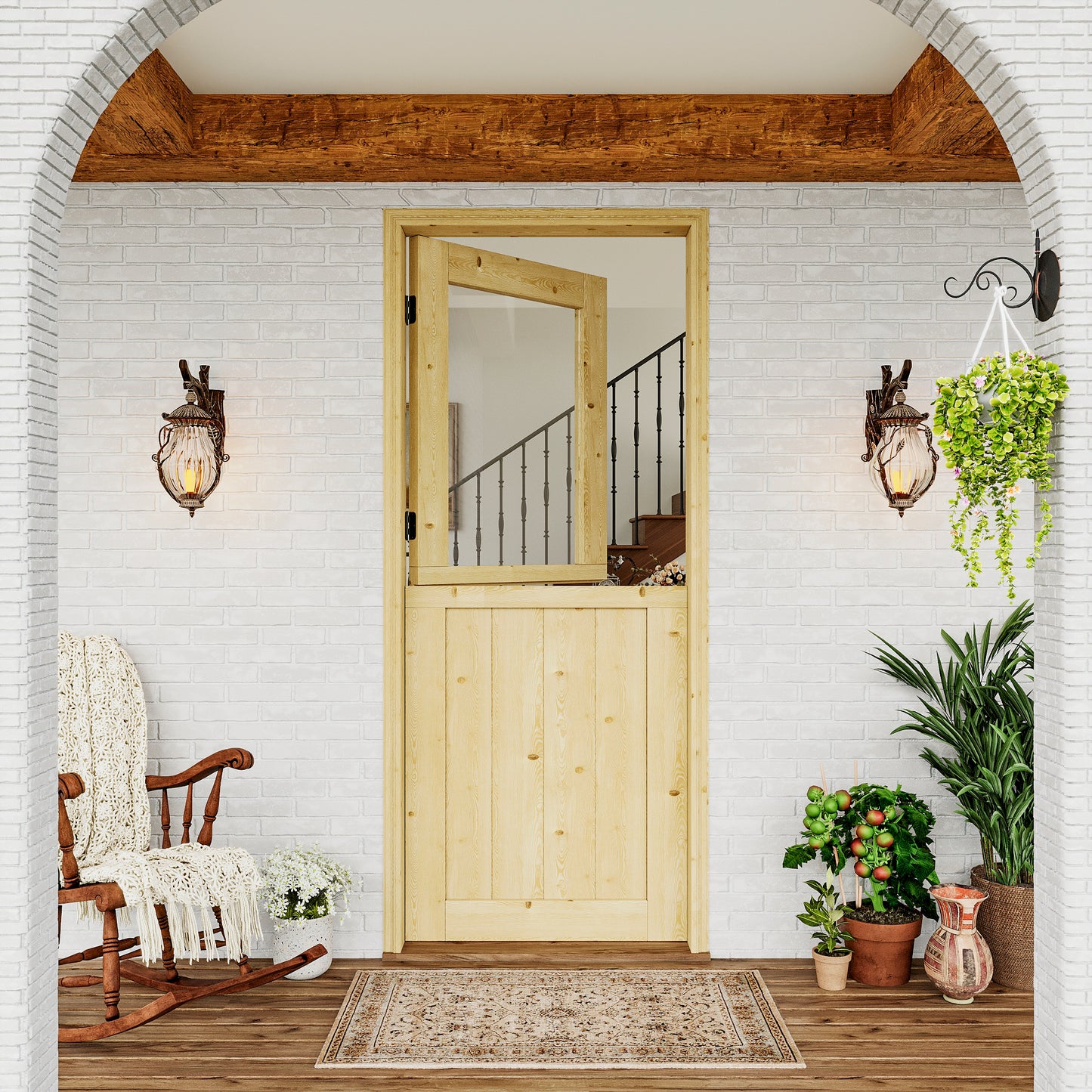 JUJUBON Exterior Dutch Door Slab, Universal Tempered Clear Glass Split Single Doors, Solid Core Home Door, Natural Pine Wood - with 4 Black Hinges & 1 Latch, Without Jamb