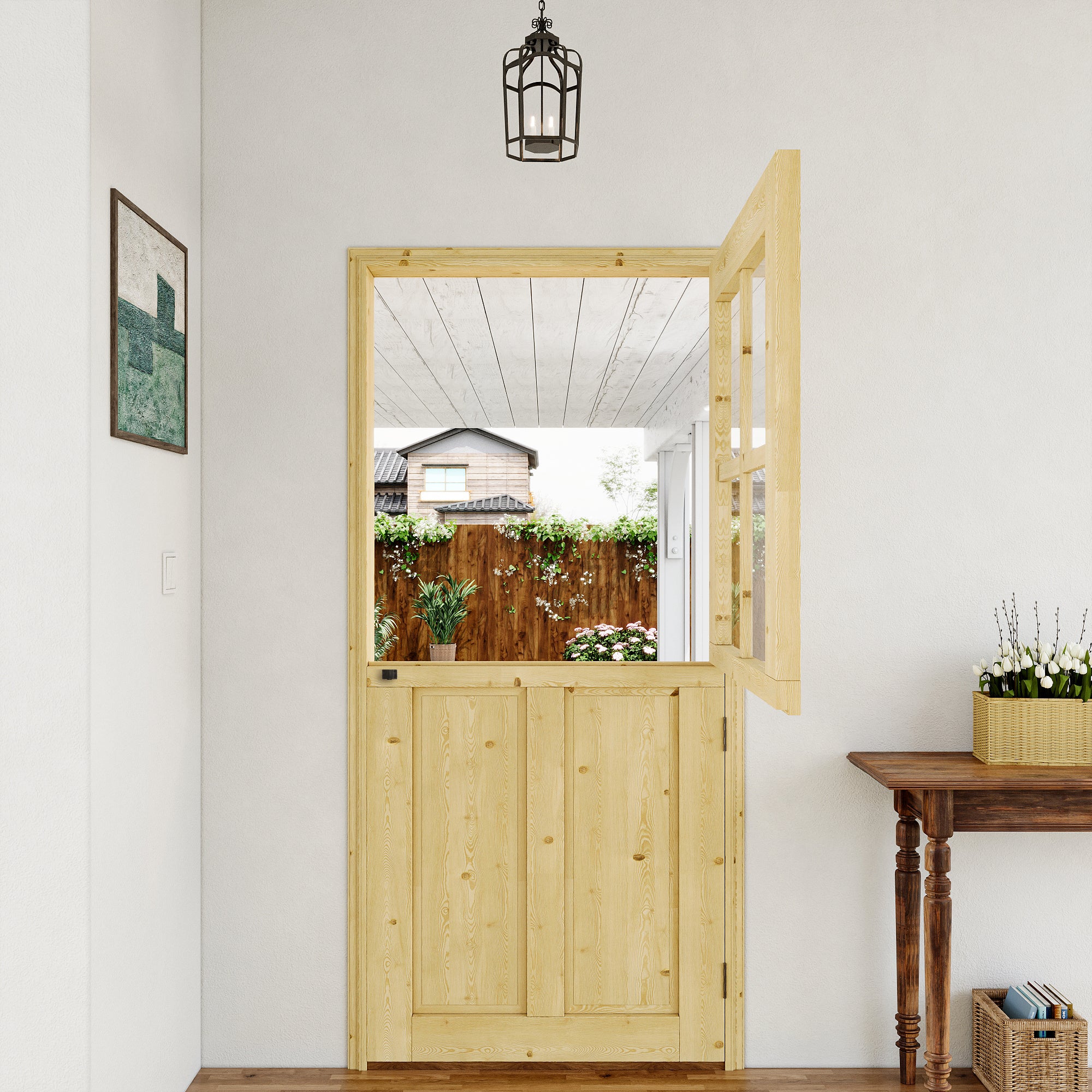 JUJUBON Exterior Dutch Door Slab, 32" x 80", Universal 4 Lite Tempered Clear Glass and 2 Panel Split Single Doors, Solid Core Home Door, Natural Pine Wood - with 4 Black Hinges & 1 Latch, Without Jamb