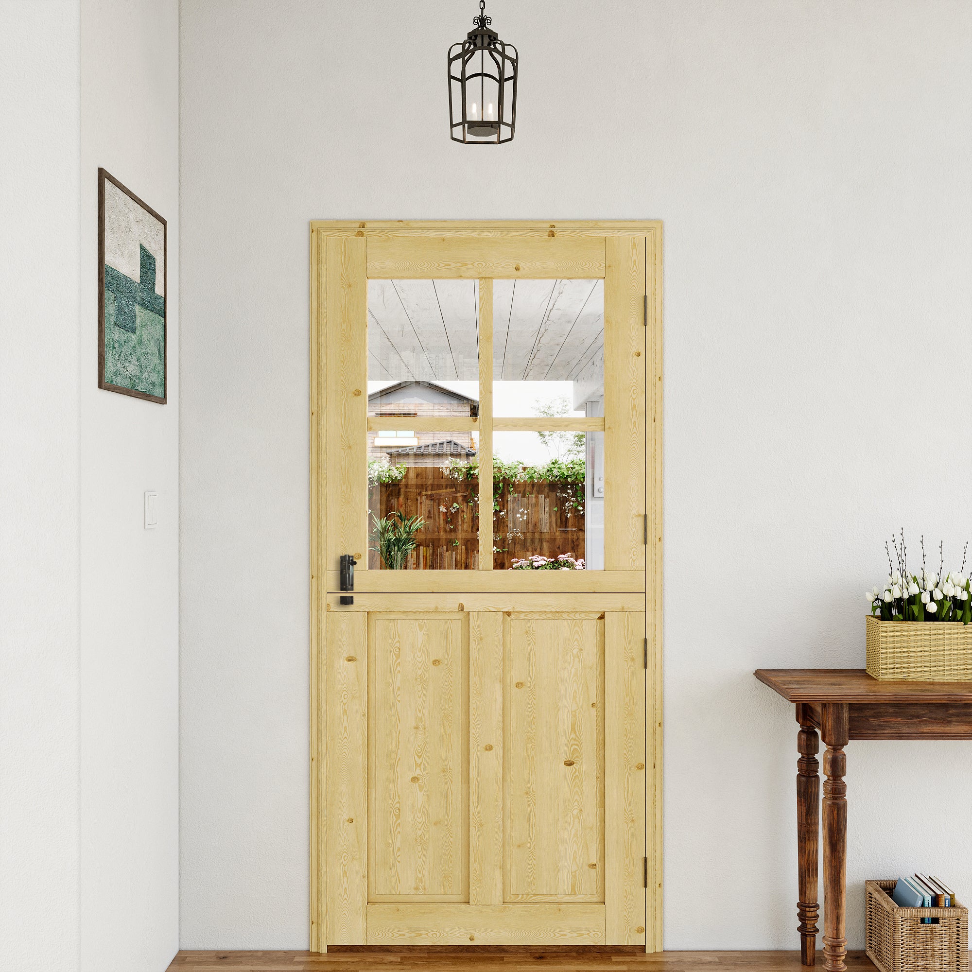 JUJUBON Exterior Dutch Door Slab, 32" x 80", Universal 4 Lite Tempered Clear Glass and 2 Panel Split Single Doors, Solid Core Home Door, Natural Pine Wood - with 4 Black Hinges & 1 Latch, Without Jamb