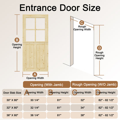 JUJUBON Exterior Dutch Door Slab, Universal 4 Lite Tempered Clear Glass and 2 Panel Split Single Doors, Solid Core Home Door, Natural Pine Wood - with 4 Black Hinges & 1 Latch, Without Jamb