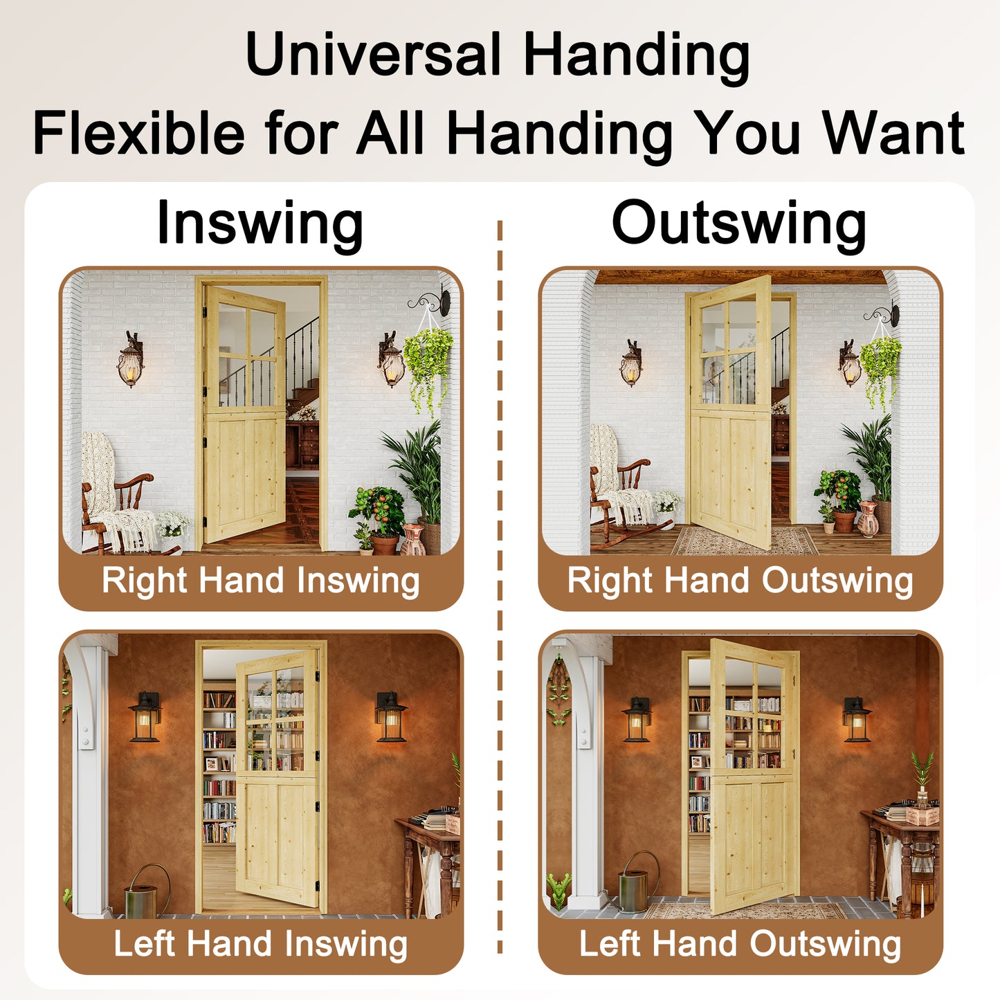 JUJUBON Exterior Dutch Door Slab, Universal 4 Lite Tempered Clear Glass and 2 Panel Split Single Doors, Solid Core Home Door, Natural Pine Wood - with 4 Black Hinges & 1 Latch, Without Jamb