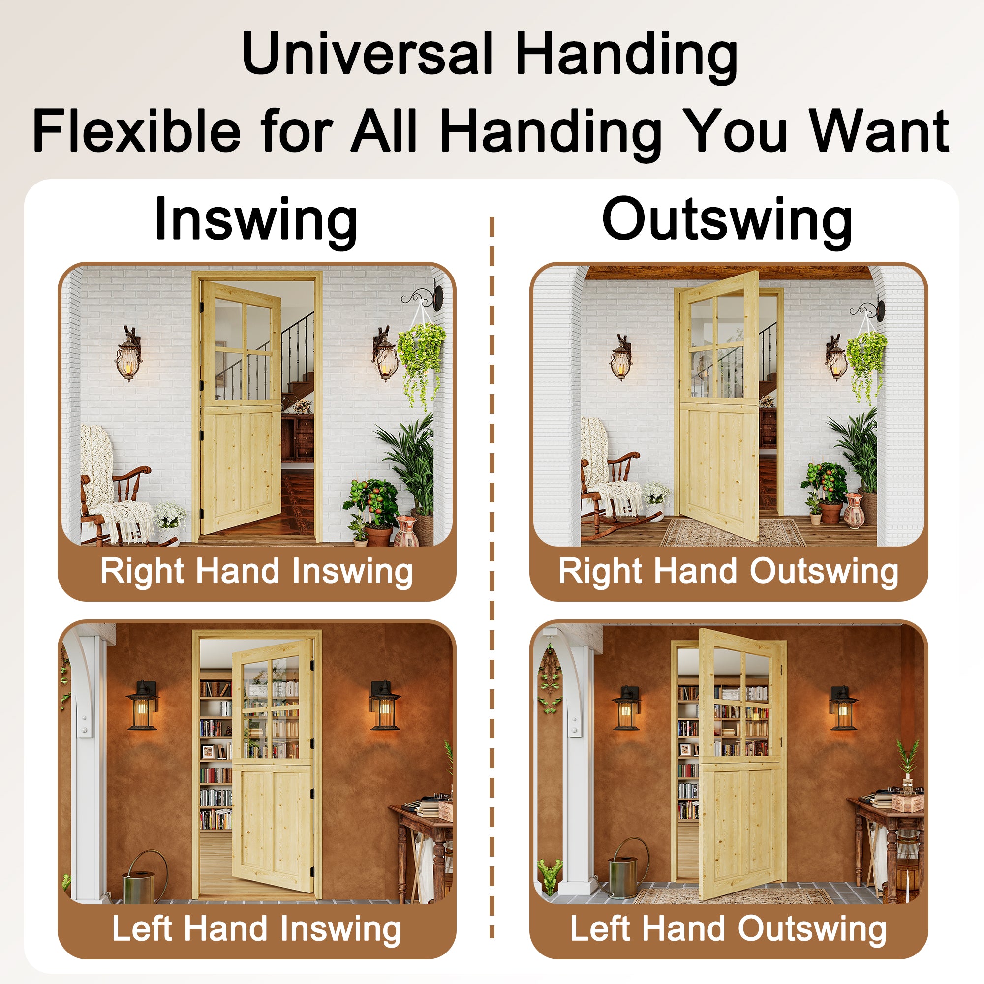 JUJUBON Exterior Dutch Door Slab, 32" x 80", Universal 4 Lite Tempered Clear Glass and 2 Panel Split Single Doors, Solid Core Home Door, Natural Pine Wood - with 4 Black Hinges & 1 Latch, Without Jamb