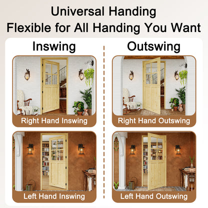 JUJUBON Exterior Dutch Door Slab, Universal 4 Lite Tempered Clear Glass and 2 Panel Split Single Doors, Solid Core Home Door, Natural Pine Wood - with 4 Black Hinges & 1 Latch, Without Jamb