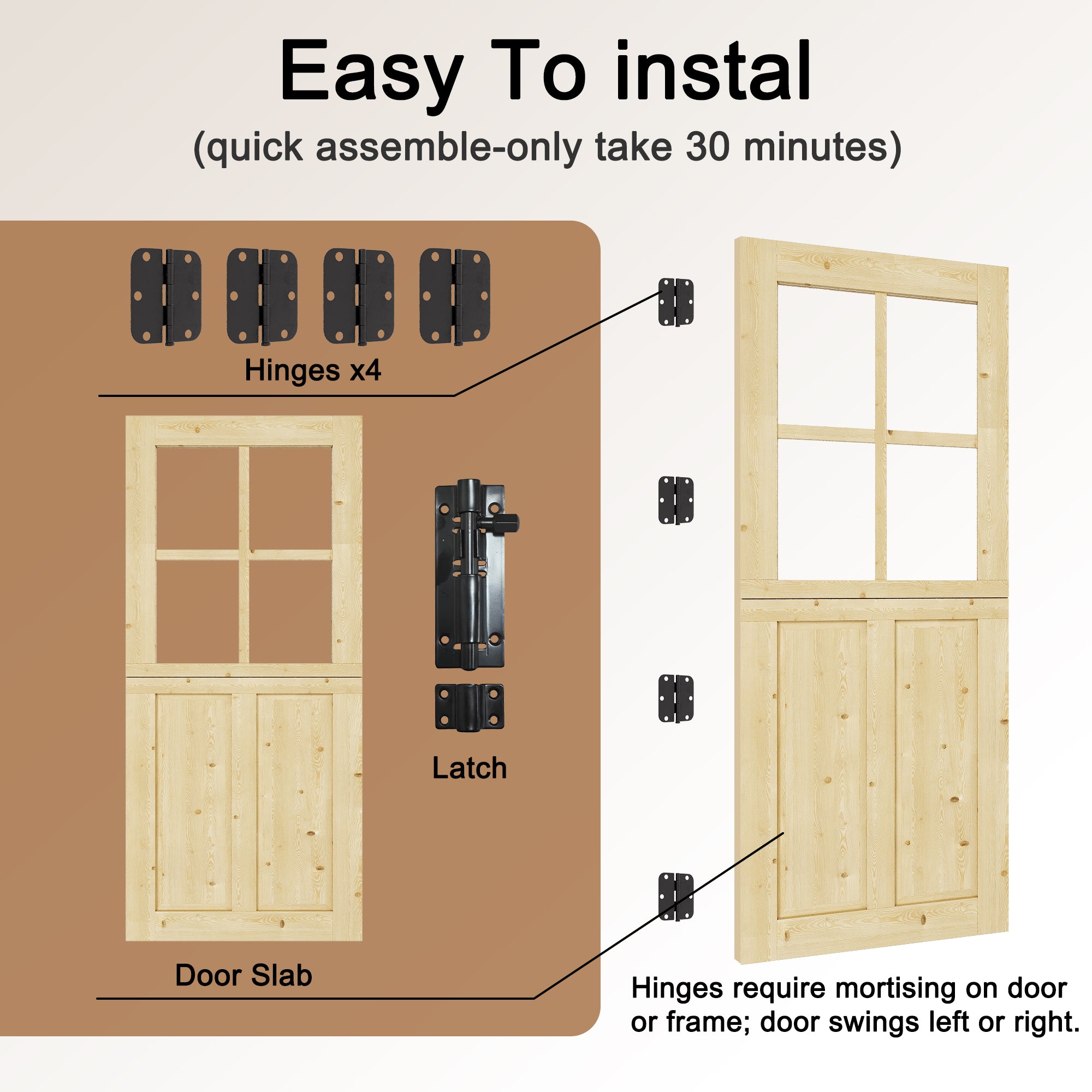 JUJUBON Exterior Dutch Door Slab, 32" x 80", Universal 4 Lite Tempered Clear Glass and 2 Panel Split Single Doors, Solid Core Home Door, Natural Pine Wood - with 4 Black Hinges & 1 Latch, Without Jamb