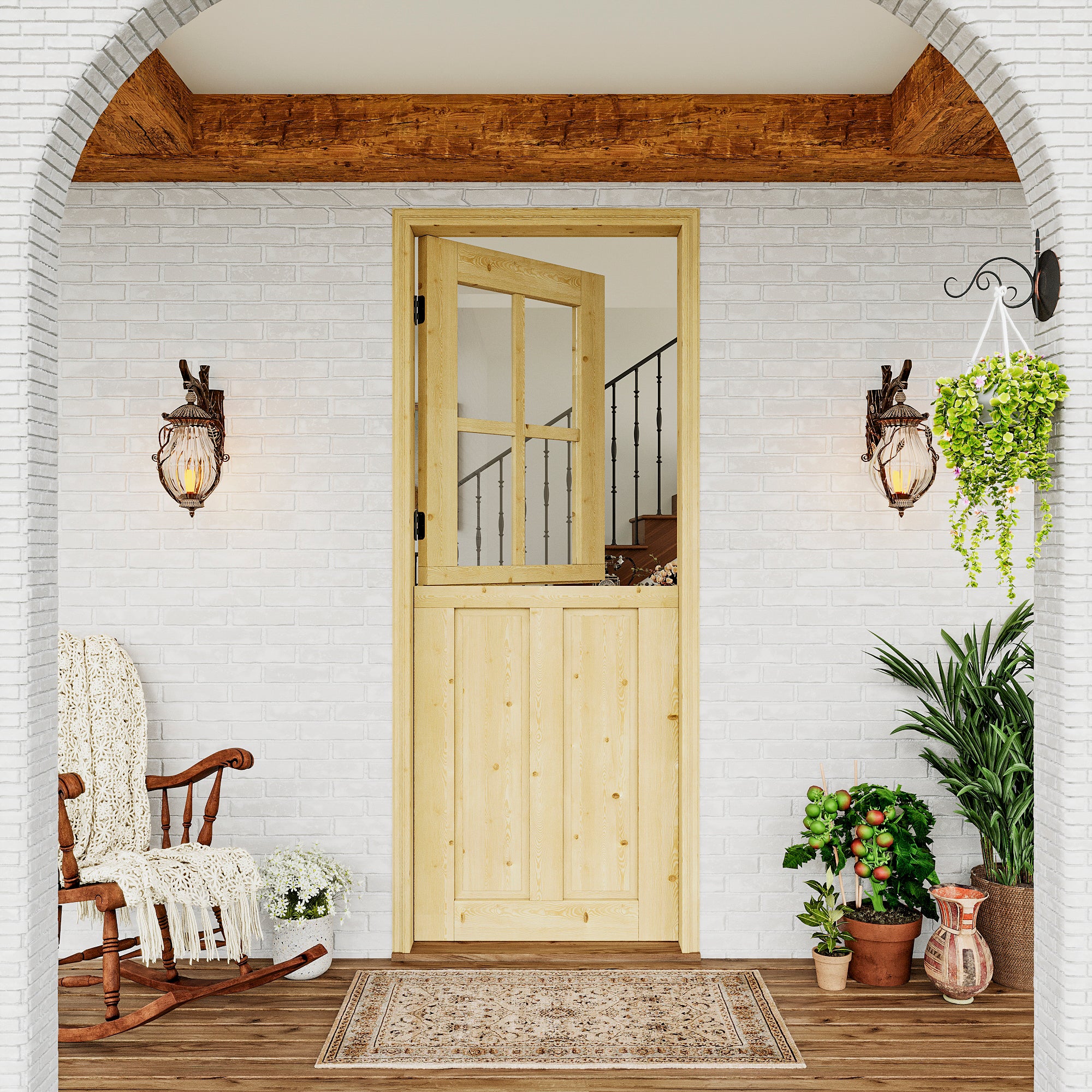 JUJUBON Exterior Dutch Door Slab, 32" x 80", Universal 4 Lite Tempered Clear Glass and 2 Panel Split Single Doors, Solid Core Home Door, Natural Pine Wood - with 4 Black Hinges & 1 Latch, Without Jamb