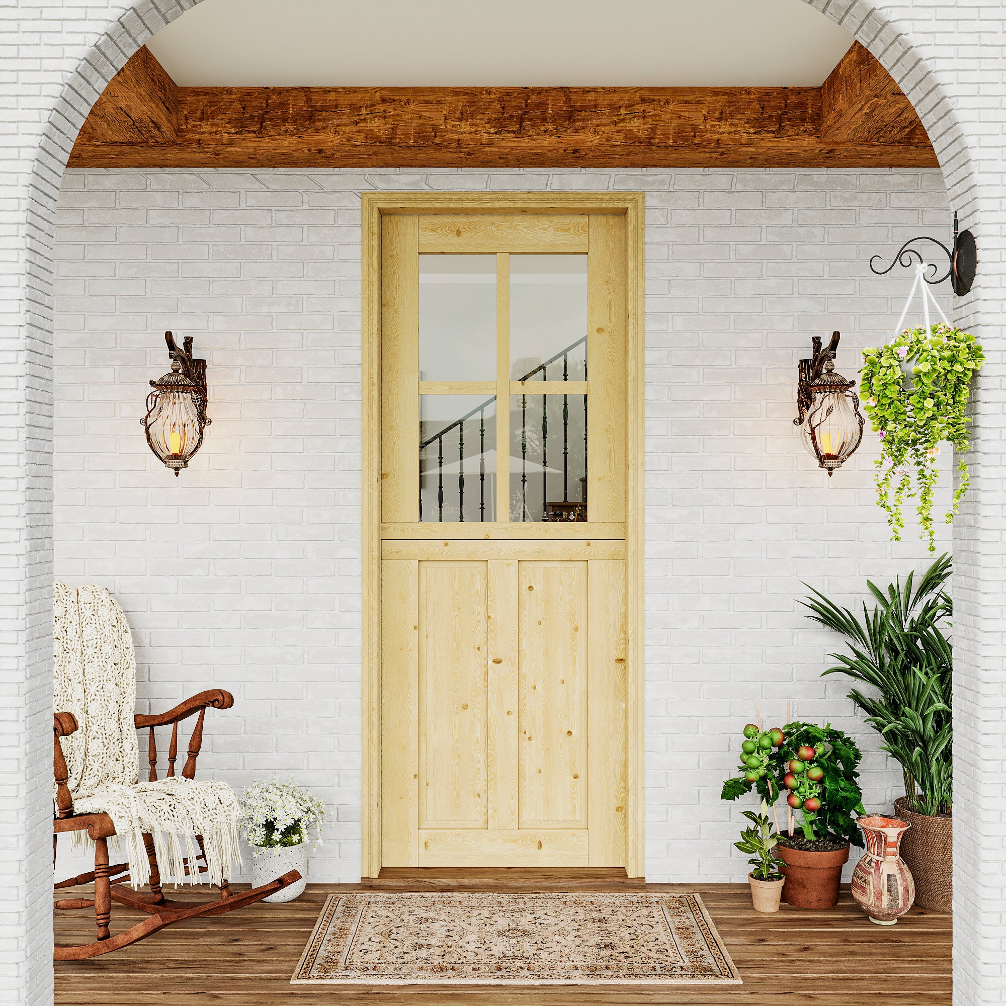 JUJUBON Exterior Dutch Door Slab, 32" x 80", Universal 4 Lite Tempered Clear Glass and 2 Panel Split Single Doors, Solid Core Home Door, Natural Pine Wood - with 4 Black Hinges & 1 Latch, Without Jamb