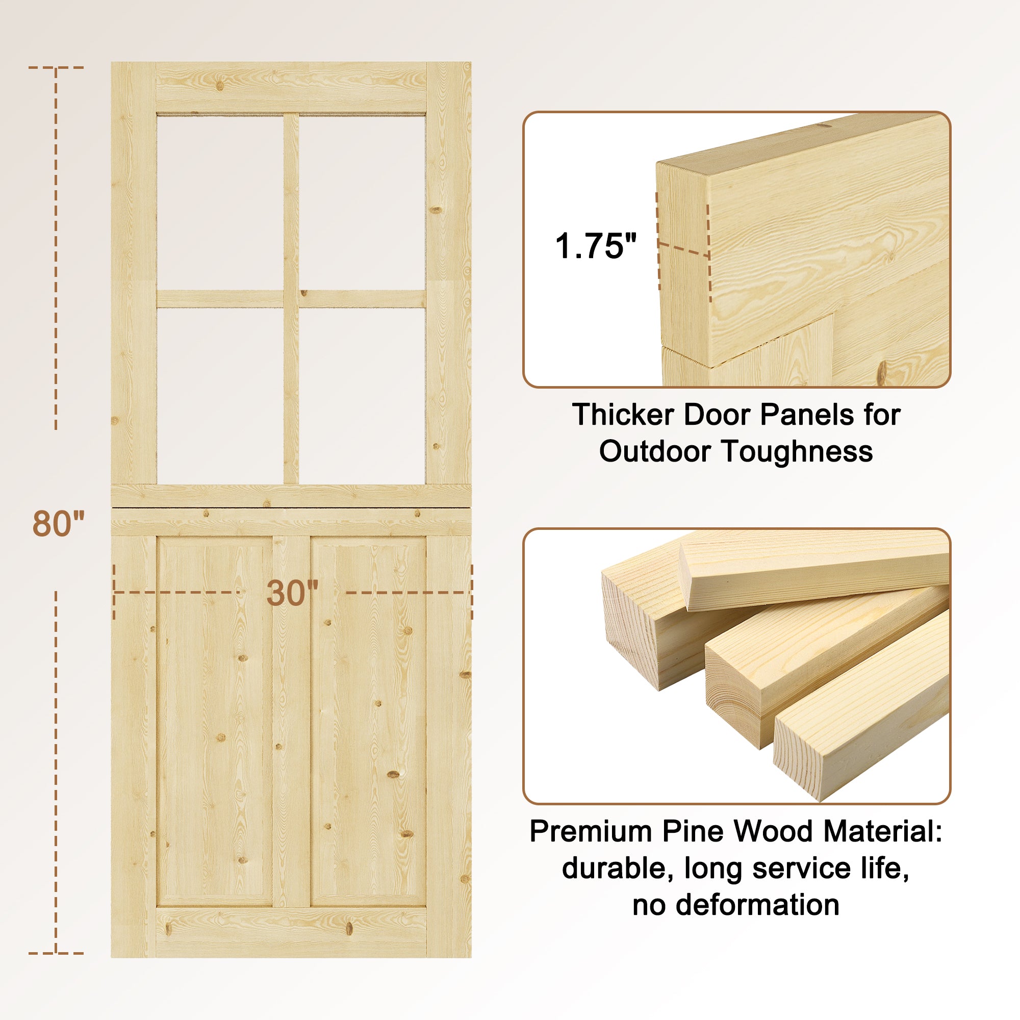 JUJUBON Exterior Dutch Door Slab, 32" x 80", Universal 4 Lite Tempered Clear Glass and 2 Panel Split Single Doors, Solid Core Home Door, Natural Pine Wood - with 4 Black Hinges & 1 Latch, Without Jamb
