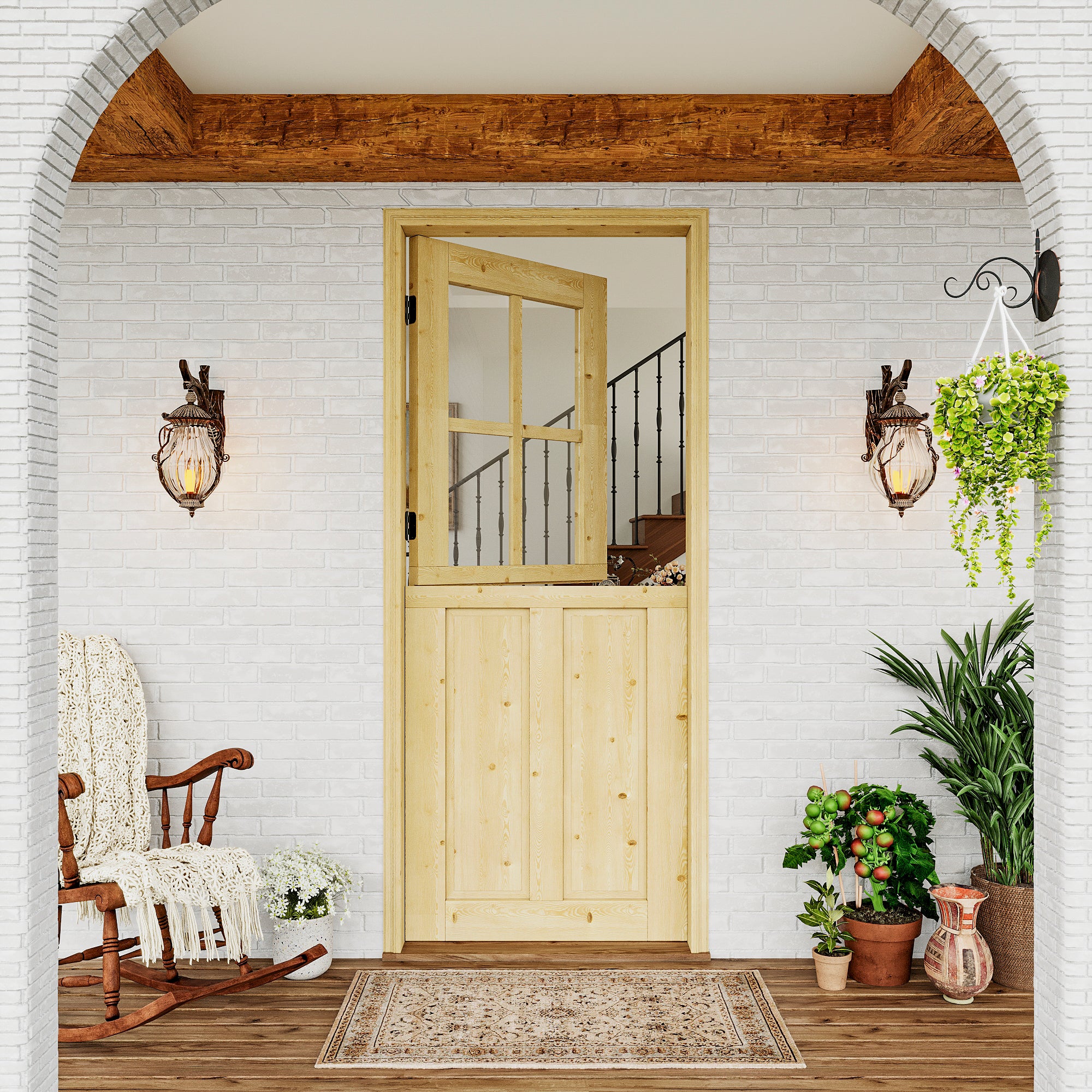 JUJUBON Exterior Dutch Door Slab, 32" x 80", Universal 4 Lite Tempered Clear Glass and 2 Panel Split Single Doors, Solid Core Home Door, Natural Pine Wood - with 4 Black Hinges & 1 Latch, Without Jamb