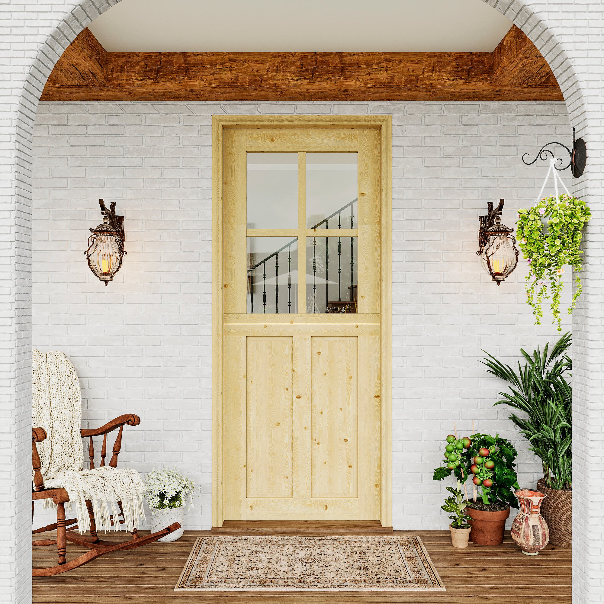 JUJUBON Exterior Dutch Door Slab, 32" x 80", Universal 4 Lite Tempered Clear Glass and 2 Panel Split Single Doors, Solid Core Home Door, Natural Pine Wood - with 4 Black Hinges & 1 Latch, Without Jamb