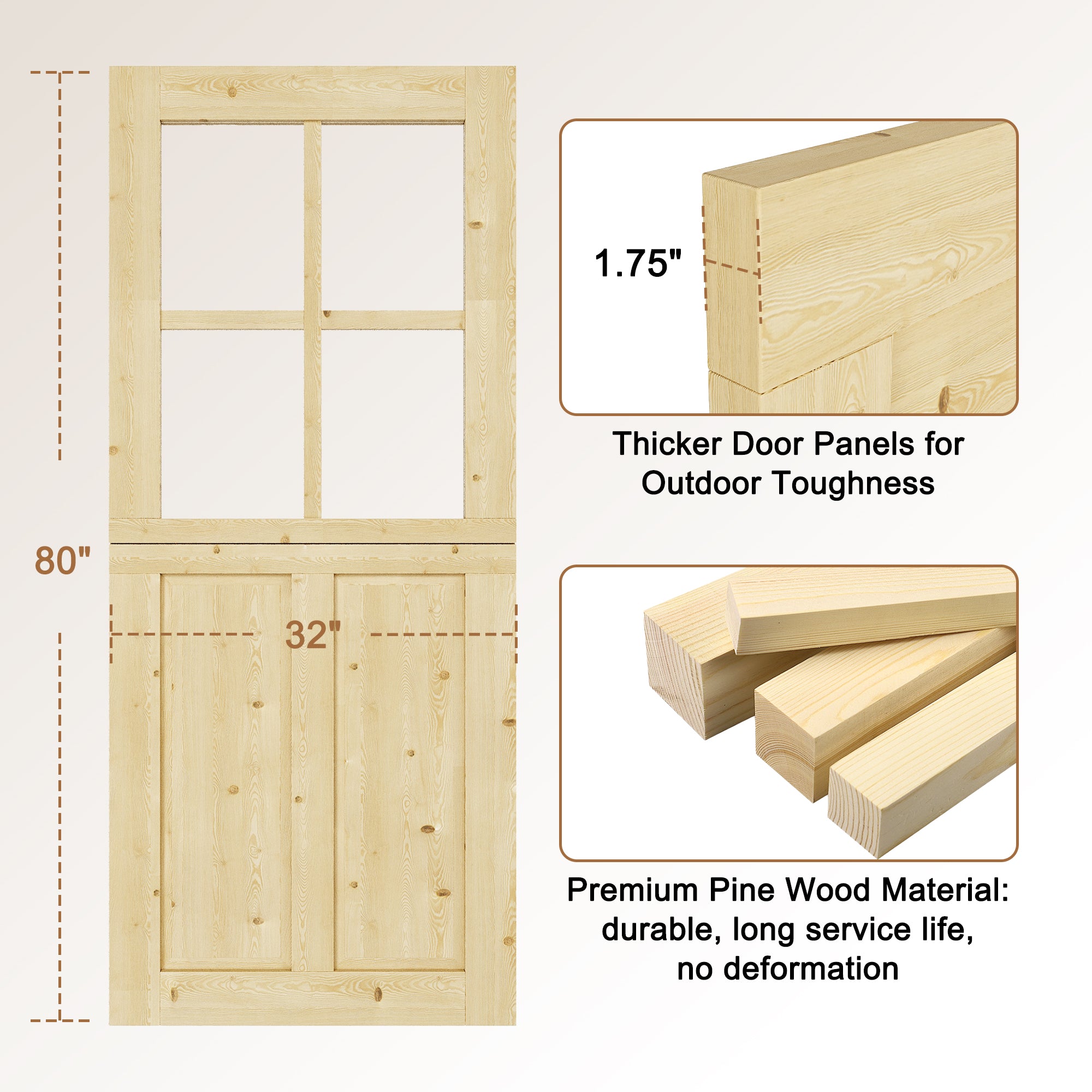 JUJUBON Exterior Dutch Door Slab, 32" x 80", Universal 4 Lite Tempered Clear Glass and 2 Panel Split Single Doors, Solid Core Home Door, Natural Pine Wood - with 4 Black Hinges & 1 Latch, Without Jamb