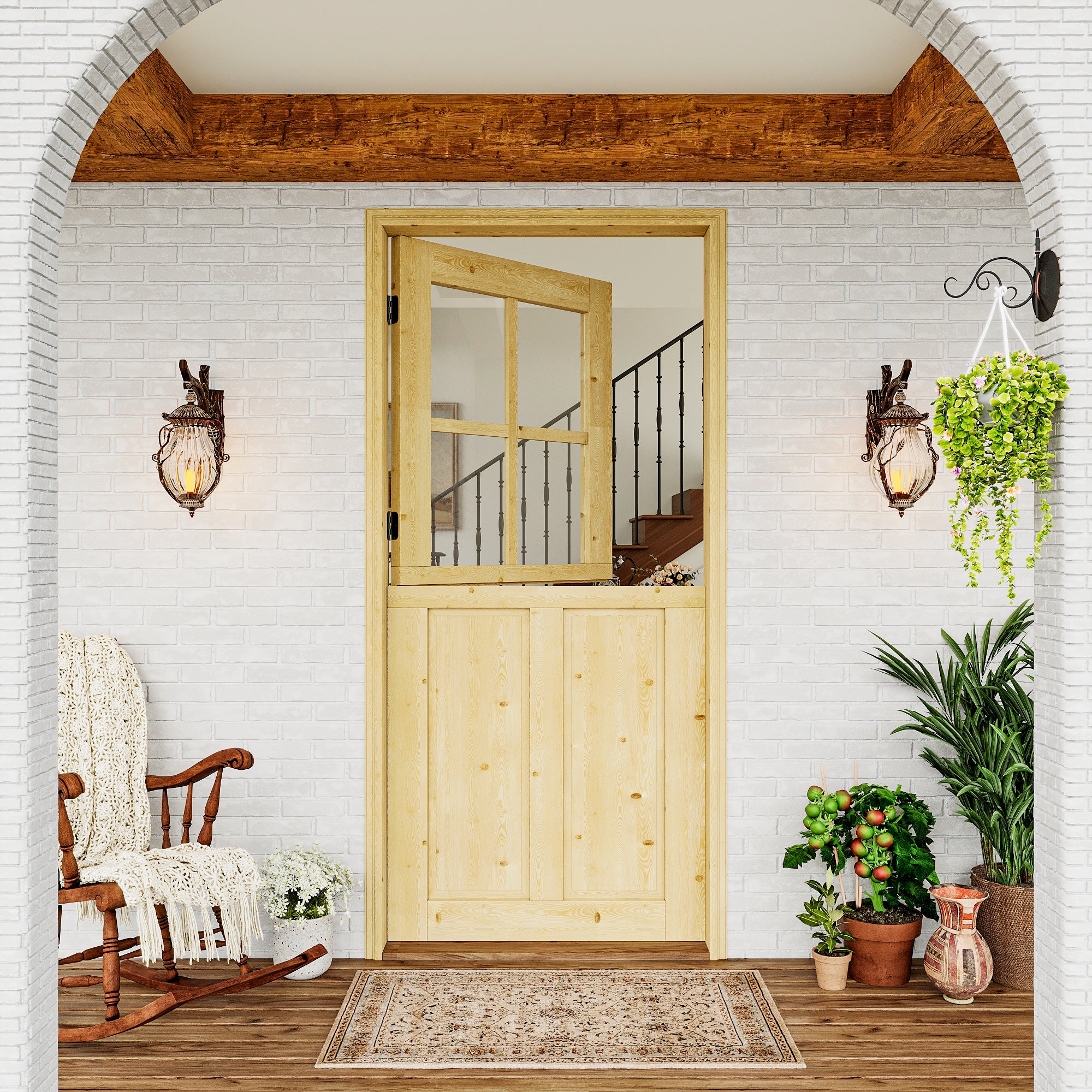 JUJUBON Exterior Dutch Door Slab, 32" x 80", Universal 4 Lite Tempered Clear Glass and 2 Panel Split Single Doors, Solid Core Home Door, Natural Pine Wood - with 4 Black Hinges & 1 Latch, Without Jamb