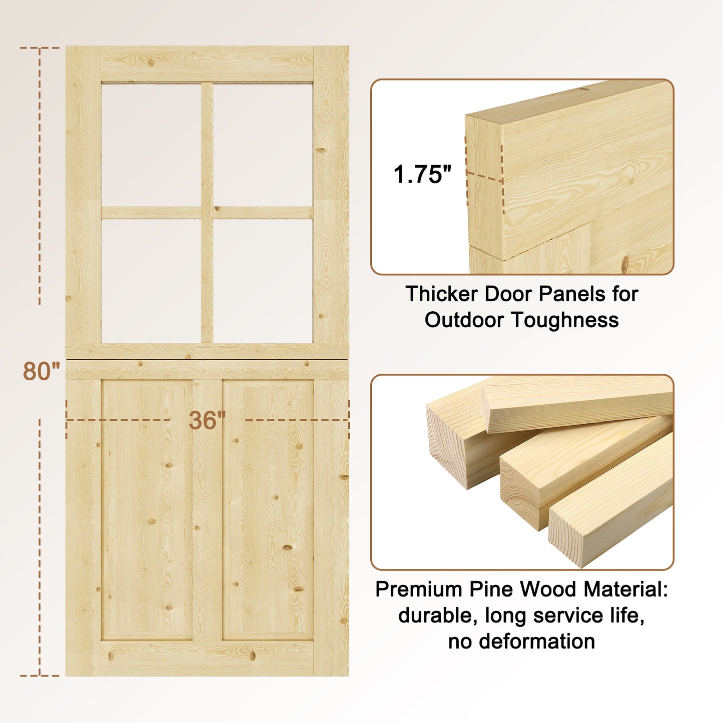 JUJUBON Exterior Dutch Door Slab, Universal 4 Lite Tempered Clear Glass and 2 Panel Split Single Doors, Solid Core Home Door, Natural Pine Wood - with 4 Black Hinges & 1 Latch, Without Jamb