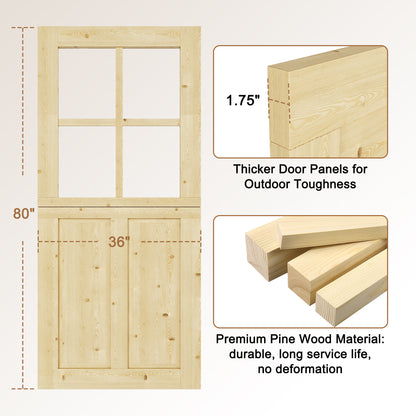 JUJUBON Exterior Dutch Door Slab, Universal 4 Lite Tempered Clear Glass and 2 Panel Split Single Doors, Solid Core Home Door, Natural Pine Wood - with 4 Black Hinges & 1 Latch, Without Jamb