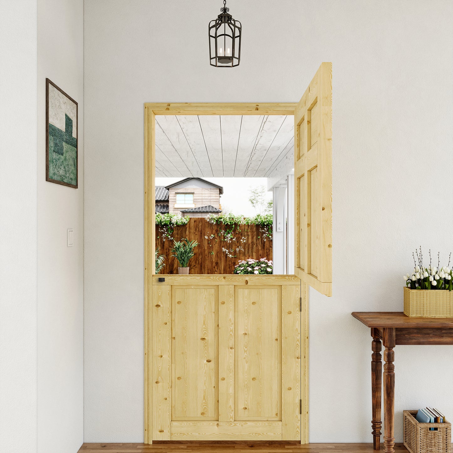 JUJUBON Exterior Dutch Door Slab, Universal 6 Lite Panel Split Single Doors, Solid Core Home Door, Natural Pine Wood - with 4 Black Hinges & 1 Latch, Without Jamb
