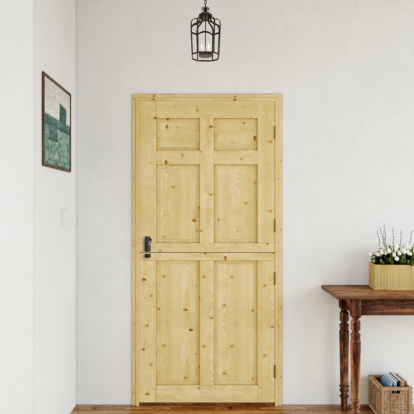JUJUBON Exterior Dutch Door Slab, Universal 6 Lite Panel Split Single Doors, Solid Core Home Door, Natural Pine Wood - with 4 Black Hinges & 1 Latch, Without Jamb