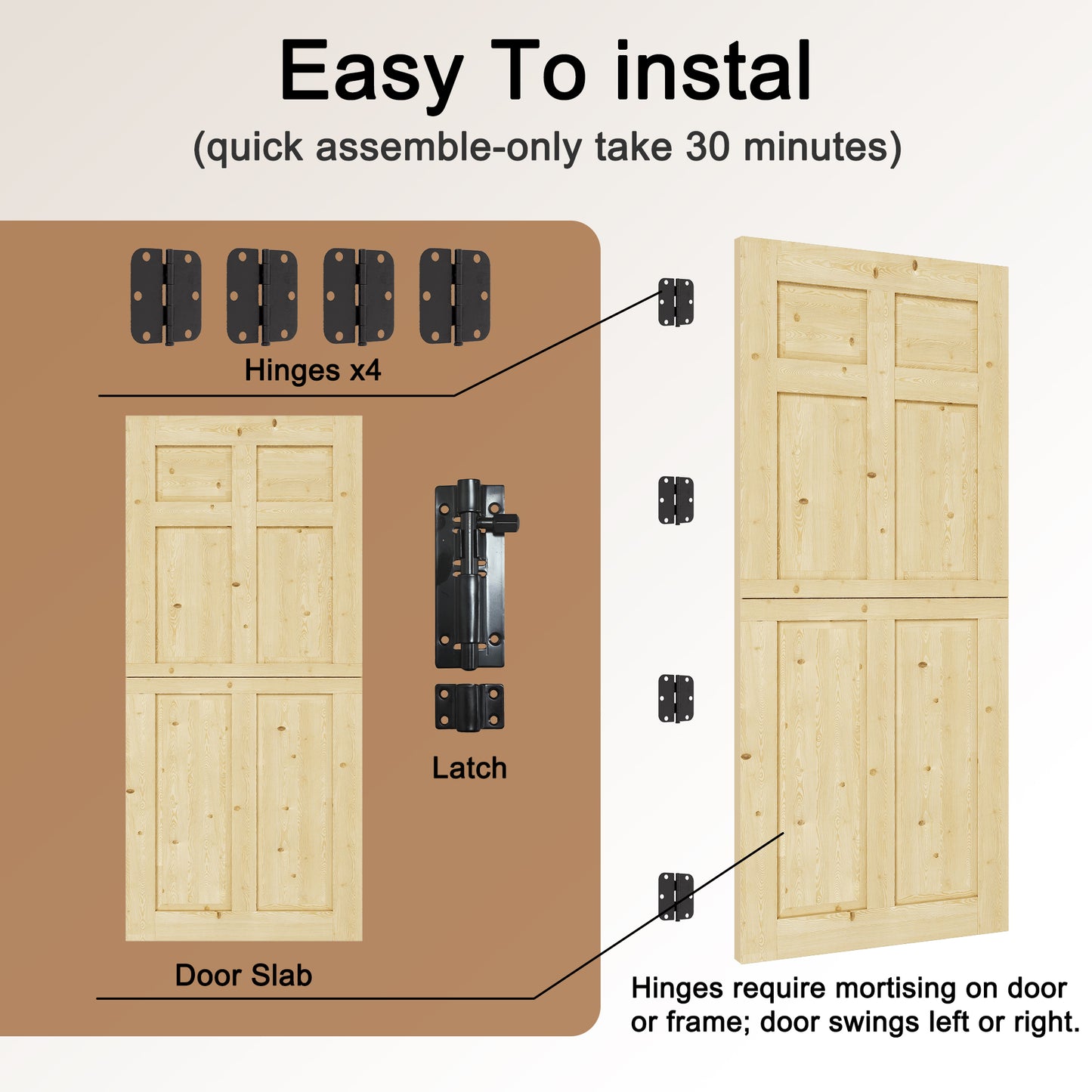 JUJUBON Exterior Dutch Door Slab, Universal 6 Lite Panel Split Single Doors, Solid Core Home Door, Natural Pine Wood - with 4 Black Hinges & 1 Latch, Without Jamb