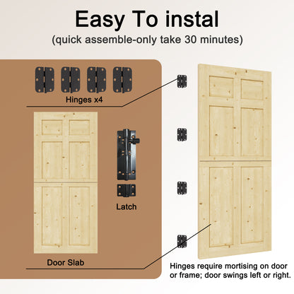 JUJUBON Exterior Dutch Door Slab, Universal 6 Lite Panel Split Single Doors, Solid Core Home Door, Natural Pine Wood - with 4 Black Hinges & 1 Latch, Without Jamb