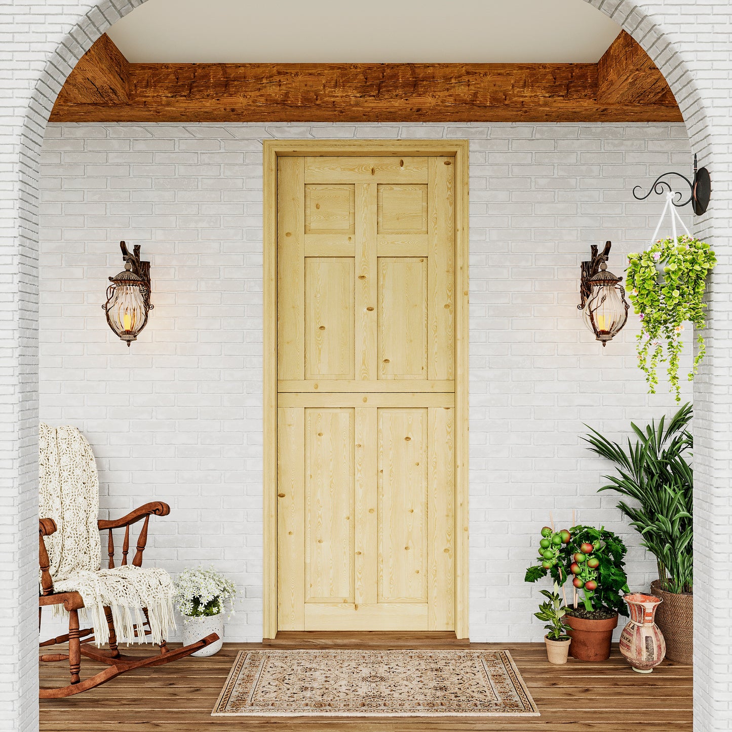 JUJUBON Exterior Dutch Door Slab, Universal 6 Lite Panel Split Single Doors, Solid Core Home Door, Natural Pine Wood - with 4 Black Hinges & 1 Latch, Without Jamb