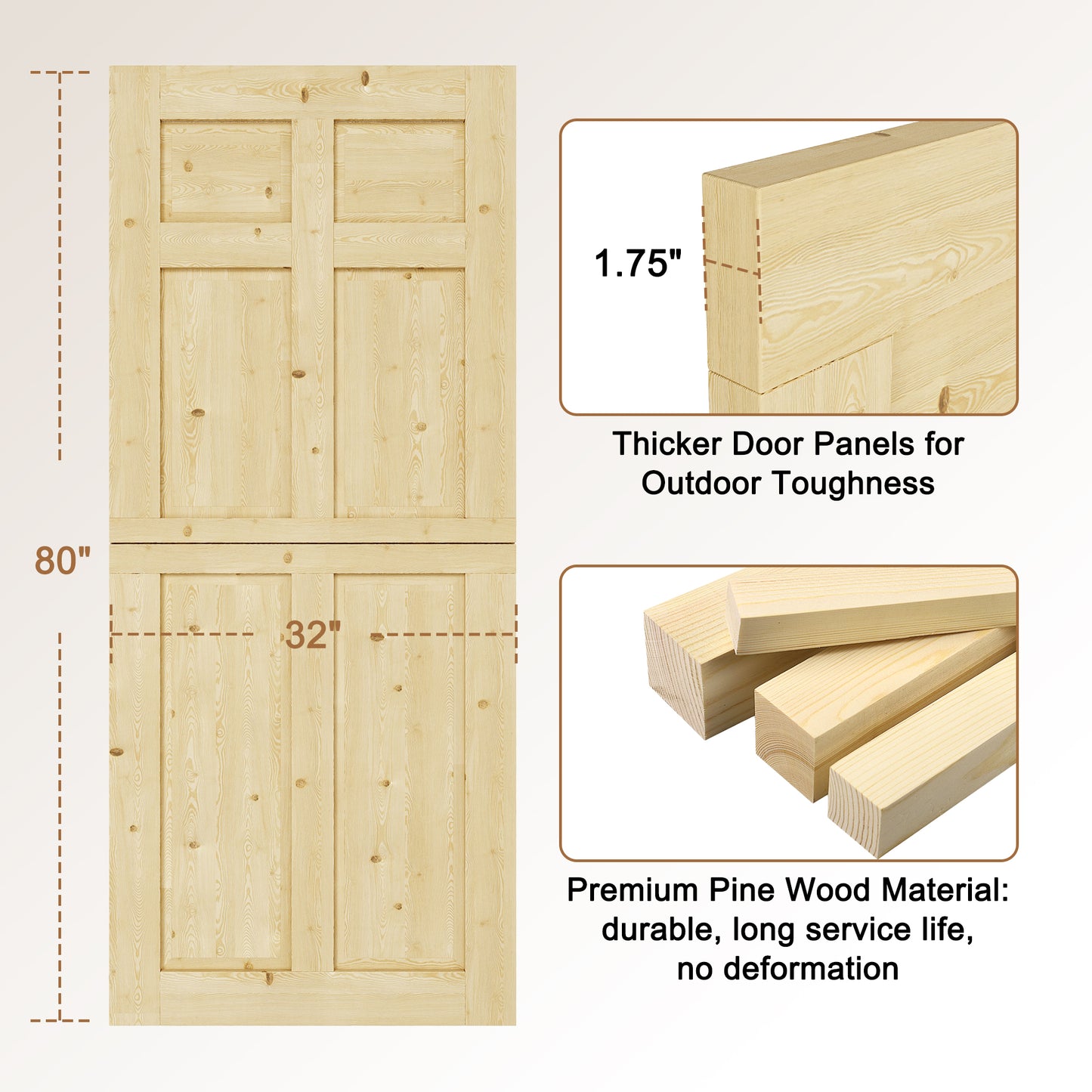 JUJUBON Exterior Dutch Door Slab, Universal 6 Lite Panel Split Single Doors, Solid Core Home Door, Natural Pine Wood - with 4 Black Hinges & 1 Latch, Without Jamb