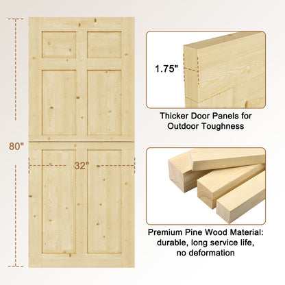 JUJUBON Exterior Dutch Door Slab, Universal 6 Lite Panel Split Single Doors, Solid Core Home Door, Natural Pine Wood - with 4 Black Hinges & 1 Latch, Without Jamb