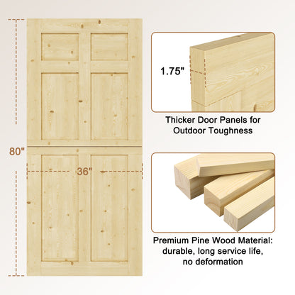 JUJUBON Exterior Dutch Door Slab, Universal 6 Lite Panel Split Single Doors, Solid Core Home Door, Natural Pine Wood - with 4 Black Hinges & 1 Latch, Without Jamb