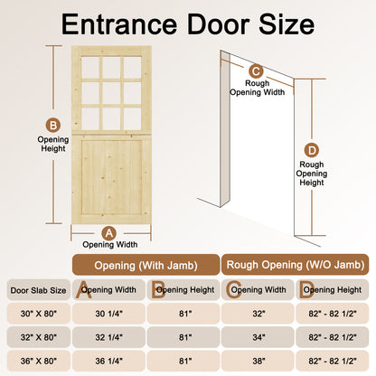 JUJUBON Exterior Prehung Dutch Door, Universal 9 Lite Tempered Clear Glass Split Single Doors, Solid Core Home Entry Door, Natural Pine Wood - with 4 Hinges & 1 Latch & Jamb, Jamb Assembly Needed