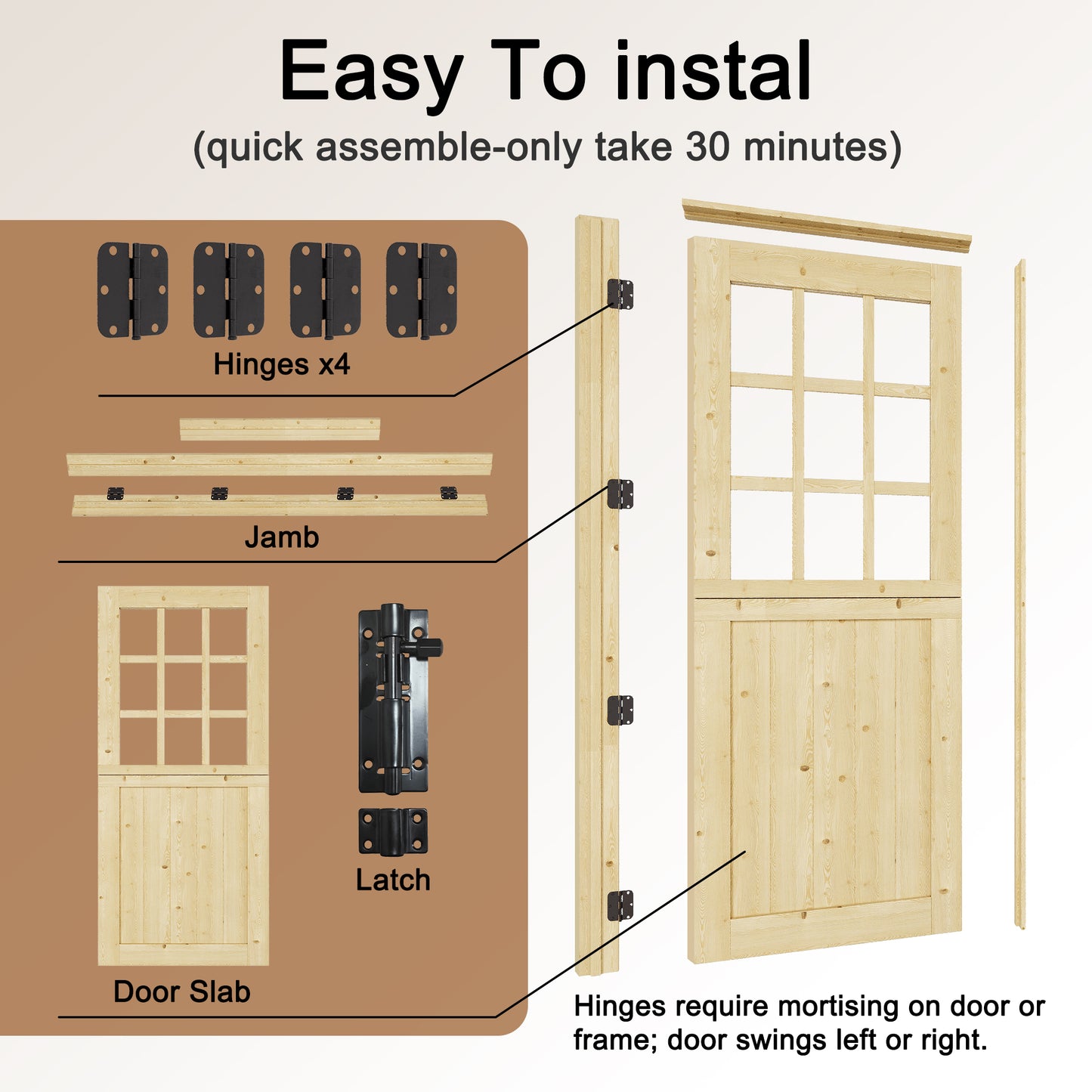 JUJUBON Exterior Prehung Dutch Door, Universal 9 Lite Tempered Clear Glass Split Single Doors, Solid Core Home Entry Door, Natural Pine Wood - with 4 Hinges & 1 Latch & Jamb, Jamb Assembly Needed